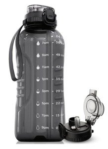 AQUAFIT 64 oz Water Bottle with Time Marker - 2in1 Straw & Chug Lid - BPA Free Big Water Bottle with Straw - Gym Water Bottle with Strap - Water Jug (64 Ounces, Gray)