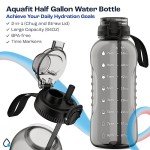 AQUAFIT 64 oz Water Bottle with Time Marker - 2in1 Straw & Chug Lid - BPA Free Big Water Bottle with Straw - Gym Water Bottle with Strap - Water Jug (64 Ounces, Gray)