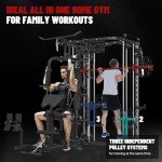 FAGUS H All in One Home Gym System Workout Station with Weight Bench, Multi-Function Smithe Machine Power Cage with Cable Crossover, Tripe-Sided Independent Load Posts Functional Trainer, Black