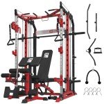 SimthΔ Machine Power Cage with Adjustable Preacher Curl Weight Bench, All-in-One Squat Rack with LAT-Pull Down & 1:1 Ratio Cable Crossover System, Multi-Function Power Rack for Home Gym, Red