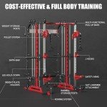 SimthΔ Machine Power Cage with Adjustable Preacher Curl Weight Bench, All-in-One Squat Rack with LAT-Pull Down & 1:1 Ratio Cable Crossover System, Multi-Function Power Rack for Home Gym, Red