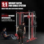 SimthΔ Machine Power Cage with Adjustable Preacher Curl Weight Bench, All-in-One Squat Rack with LAT-Pull Down & 1:1 Ratio Cable Crossover System, Multi-Function Power Rack for Home Gym, Red