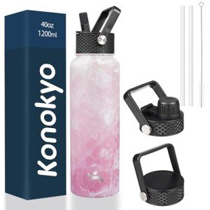 Konokyo 40oz Insulated Water Bottle Stainless Steel Sport Bottles with 3 Lids,Marble Blossom