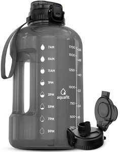 AQUAFIT 64 oz Water Bottle with Time Marker, BPA Free Half Gallon Water Bottle with Straw, Gym Water Bottle with Handle, Gallon Water Jug, Big Water Bottle, Large Water Bottle (Gray, 64oz 2in1 Lid)