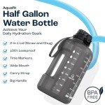 AQUAFIT 64 oz Water Bottle with Time Marker, BPA Free Half Gallon Water Bottle with Straw, Gym Water Bottle with Handle, Gallon Water Jug, Big Water Bottle, Large Water Bottle (Gray, 64oz 2in1 Lid)
