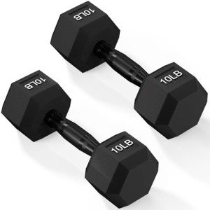 Fitvids Rubber Encased Exercise & Fitness Hex Dumbbell, Hand Weights with Anti-Slip Metal Handle for Home Gym, Multiple Sizes, 10LB Pair