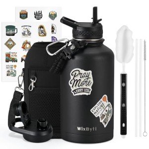 WixByti 64 oz Insulated Water Bottle with Straw (Cold for 48 Hrs), Half Gallon Stainless Steel Triple Wall Vacuum Sports Water Jug, Leakproof Hydro Cup Flask with Straw Spout Lids & DIY Stickers