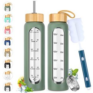 SipZest 32 oz Glass Water Bottle with Straw - Motivational Glass Water Bottle with Time Marker & Silicone Sleeve - Reusable Glass Tumbler Includes 2 Bamboo Lids & Fruit Infuser - 1 Pack