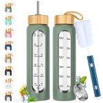 SipZest 32 oz Glass Water Bottle with Straw - Motivational Glass Water Bottle with Time Marker & Silicone Sleeve - Reusable Glass Tumbler Includes 2 Bamboo Lids & Fruit Infuser - 1 Pack