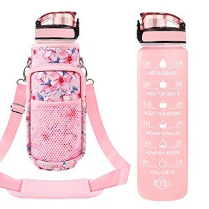 Newfad 32 oz Water Bottles with Straw & Strap, Motivational Water Bottles with Times to Drink, BPA Free Reusable Sports Water Bottle with Sleeve Carrier for Gym, Workout or Fitness (Pink Peach)