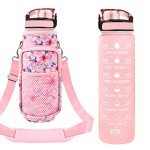 Newfad 32 oz Water Bottles with Straw & Strap, Motivational Water Bottles with Times to Drink, BPA Free Reusable Sports Water Bottle with Sleeve Carrier for Gym, Workout or Fitness (Pink Peach)