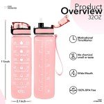 Newfad 32 oz Water Bottles with Straw & Strap, Motivational Water Bottles with Times to Drink, BPA Free Reusable Sports Water Bottle with Sleeve Carrier for Gym, Workout or Fitness (Pink Peach)