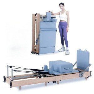 Foldable Wooden Pilates Reformer Machine with Ultra-Fiber Leather Seat, Oak Frame, Adjustable Resistance, Full-Size for Heights 4’ to 5’9”, Home and Studio Use, 480lbs Capacity (Gray Blue)