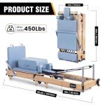Foldable Wooden Pilates Reformer Machine with Ultra-Fiber Leather Seat, Oak Frame, Adjustable Resistance, Full-Size for Heights 4’ to 5’9”, Home and Studio Use, 480lbs Capacity (Gray Blue)