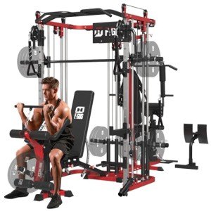 FAGUS H All in One Home Gym System Workout Station with Weight Bench, Multi-Function Smithe Machine Power Cage with Cable Crossover, Tripe-Sided Independent Load Posts Functional Trainer, Red