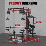 FAGUS H All in One Home Gym System Workout Station with Weight Bench, Multi-Function Smithe Machine Power Cage with Cable Crossover, Tripe-Sided Independent Load Posts Functional Trainer, Red