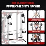 FAGUS H All in One Home Gym System Workout Station with Weight Bench, Multi-Function Smithe Machine Power Cage with Cable Crossover, Tripe-Sided Independent Load Posts Functional Trainer, Red