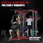 FAGUS H All in One Home Gym System Workout Station with Weight Bench, Multi-Function Smithe Machine Power Cage with Cable Crossover, Tripe-Sided Independent Load Posts Functional Trainer, Red