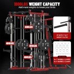 FAGUS H All in One Home Gym System Workout Station with Weight Bench, Multi-Function Smithe Machine Power Cage with Cable Crossover, Tripe-Sided Independent Load Posts Functional Trainer, Red