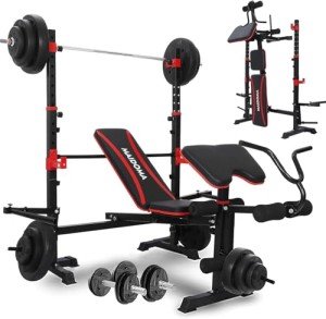 MAIDOMA 1500LB 6 IN 1 Olympic Weight Bench with Leg Extension & Leg Curl, Foldable Bench Press with Preacher Curl & Squat Rack, Workout Benches with Safety Bar Catches for Home Gym(US Stock) (Red)