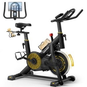 YAMO Exercise Bike, Indoor Cycling Bike Brake Pad/Magnetic Stationary Bike for Home, Adjustable Resistance Silent Belt Drive, Cycle Bike with Comfortable Seat Cushion & Upgraded LCD Monitor Yellow