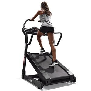 Sunny Health & Fitness Premium Heavy-Duty Commercial Grade Incline/Decline Treadmill – Hike Training, 330+ LB, Shock Absorption, Digital Monitor, Multi-Grip Adjustable Handrails, Manual Option