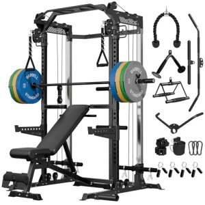 Mikolo Power Cage, 2000LB Power Rack with Independent Dual Pulley System, Multifunction Home Gym Workout Machine for Cable Crossover (Black Package)