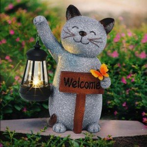 Solar Cat Statue with Lantern for Garden Decor