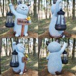 Solar Cat Statue with Lantern for Garden Decor