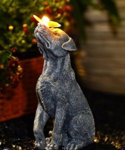 Solar Garden Dog Figurine with Butterfly Decoration