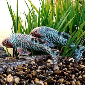 Set of 2 Antique Koi Fish Garden Statues
