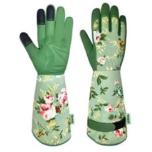 Durable Women's Long Gardening Gloves - Green Print
