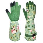 Durable Women's Long Gardening Gloves - Green Print
