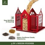 Kingsyard Bird Feeder House for Outside, Metal Mesh Wild Bird Feeder with Triple Feeders for Finch Cardinal Chickadee, Large Capacity, Weatherproof and Durable, Red