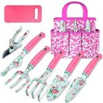 Gardening Tools, 8 Pcs Heavy Duty Floral Garden Tool Set Birthday Gifts for Women WANCHI Rose Red Gardening Kit (Garden Tool Bag Kneeling Pad Weeder Fork Hand Rake Pruning Shears Trowel Transplanter)
