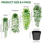 Artificial Hanging Plants for Shelf, 4 Pack Fake Potted Greenery Faux Eucalyptus Vine, Mandala Vine, String of Pearls,Pea pod Leaves in Pot for Office Living Room Bathroom Indoor Outdoor Décor