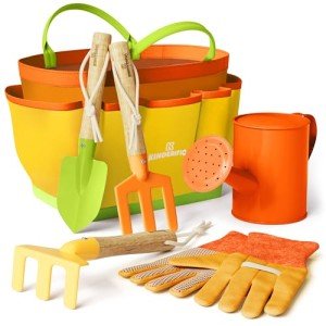 Kinderific Gardening Set, Tool Kit, for Kids, STEM, Includes Tote Bag, Spade, Watering Can, Rake, Fork, Trowel and Gloves (Sunshine)