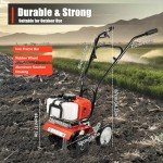 Garden Tiller Cultivator,52CC 2-Stroke Gas Powered Engine Rototiller Garden Tool with Widened Mud Flap Cordless with Long Handle Strong Power Garden Cultivator for Plowing Turning Soil Ditching