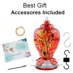 WOSIBO Hummingbird Feeder for Outdoors Patio Large 32 Ounces Colorful Hand Blown Glass Hummingbird Feeder with Ant Moat Hanging Hook, Rope, Brush and Service Card (RED-Firework)