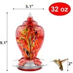 WOSIBO Hummingbird Feeder for Outdoors Patio Large 32 Ounces Colorful Hand Blown Glass Hummingbird Feeder with Ant Moat Hanging Hook, Rope, Brush and Service Card (RED-Firework)