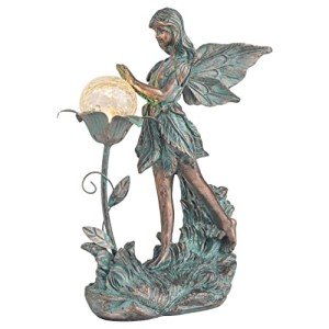 TERESA'S COLLECTIONS Garden Fairy Large Bronze Garden Sculptures & Statues Resin with Solar Outdoor Light, Valentines Decorations Lawn Ornaments for Outdoor Garden Decor, Gifts for Women Mom, 10.6"