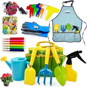 liamasum Kids Gardening Set - Toddler Garden Tool Kit Includes Shovel Rake Trowel Apron Toddler Gloves Watering Can and Sturdy Tote Bag for Kids Best Outdoor Toys Gift for Boys and Girls