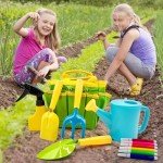 liamasum Kids Gardening Set - Toddler Garden Tool Kit Includes Shovel Rake Trowel Apron Toddler Gloves Watering Can and Sturdy Tote Bag for Kids Best Outdoor Toys Gift for Boys and Girls