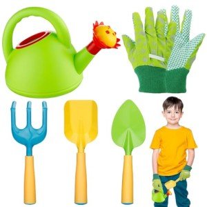 Biubee Toddler Gardening Tools Set - Sturdy Kids Watering Can Toy, Child Gardening Set with Metal Shovel Hand Rake Kids Gloves, Garden Toys for Baby Outdoor Beach Sand Toy Gift