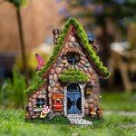 ASAWASA Resin Fairy House Statues with Solar Powered Lights, Funny Garden Sculptures with Flocked and Cobblestone Decor, Exquisite Garden Cottage Figurines