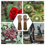 HANDLANDY Long Gardening Gloves for Men & Women, Cowhide Leather Rose Pruning Gloves- Breathable & Durable Gauntlet Gloves (Large, Brown)