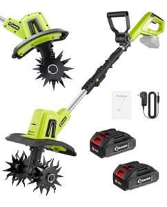 Saker 22V Cordless Electric Garden Tiller Cultivator, Lightweight Rototiller for Gardening, 9-Inch Tilling Width, 6.3-Inch Depth for Soil Preparation, Weeding, and Gardening Two Batteries with Charger