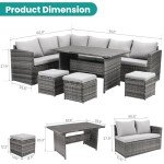 Wumiokio Patio Furniture Set, 7 Pieces Outdoor Patio Furniture with Dining Table&Chair, All Weather Wicker Conversation Set with Ottoman,Grey (Include Sofa Dust Cover)