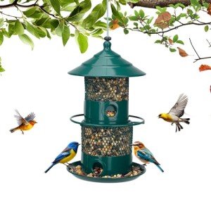 Retractable Bird Feeder with Lighthouses, Wild Bird Feeders, 4.9LB Metal Outdoors Bird Feeders for Bluebird, Cardinal, Finch, Sparrow, Blue Jay,Weather-Resistant,(Green)