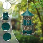 Retractable Bird Feeder with Lighthouses, Wild Bird Feeders, 4.9LB Metal Outdoors Bird Feeders for Bluebird, Cardinal, Finch, Sparrow, Blue Jay,Weather-Resistant,（Green）
